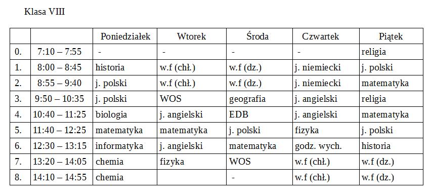 Plan zajęć na rok szkolny 2019/2020